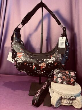 Ed Hardy Tattoo Black LOVE KILLS SLOWLY Shoulder Bag with Matching Wallet